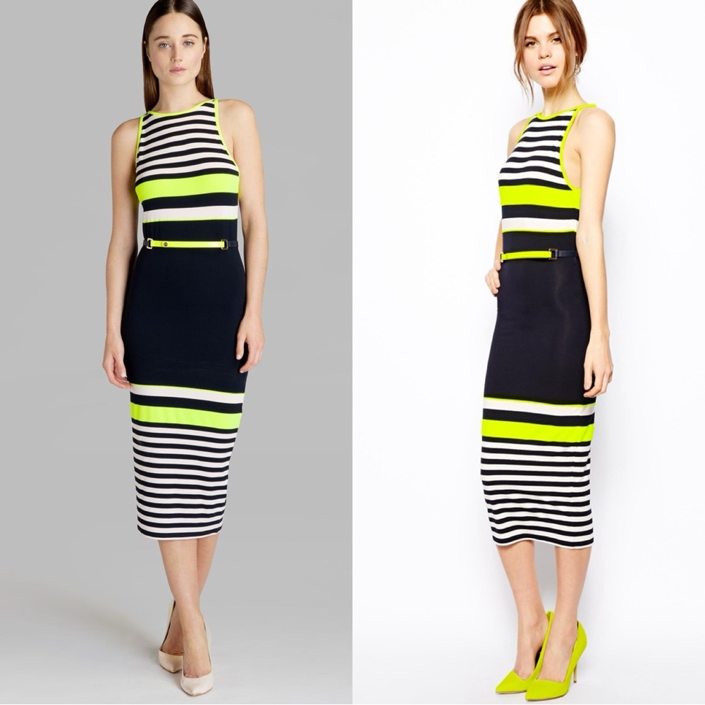 Striped Sleeveless Midi Dress - Black, White, and Yellowish Green